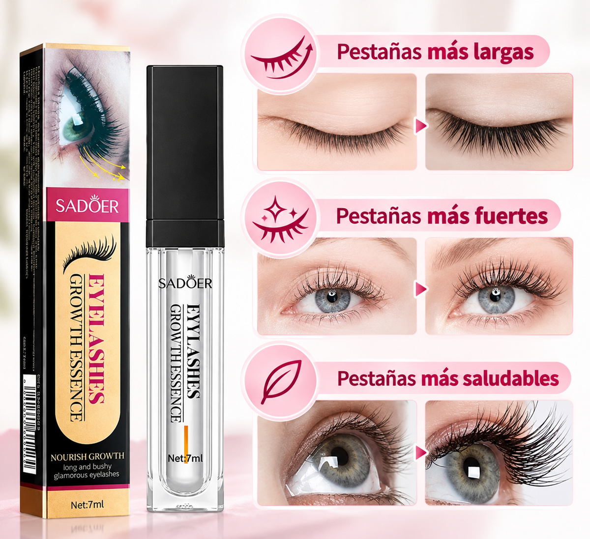 Kit Facial | Máscara de Colágeno Lakerain 75 mL | Crema de Ojos Caviar con Ácido Hialurónico Sadoer 20 g | Sérum Sadoer para Crecimiento de Pestañas 7 mL