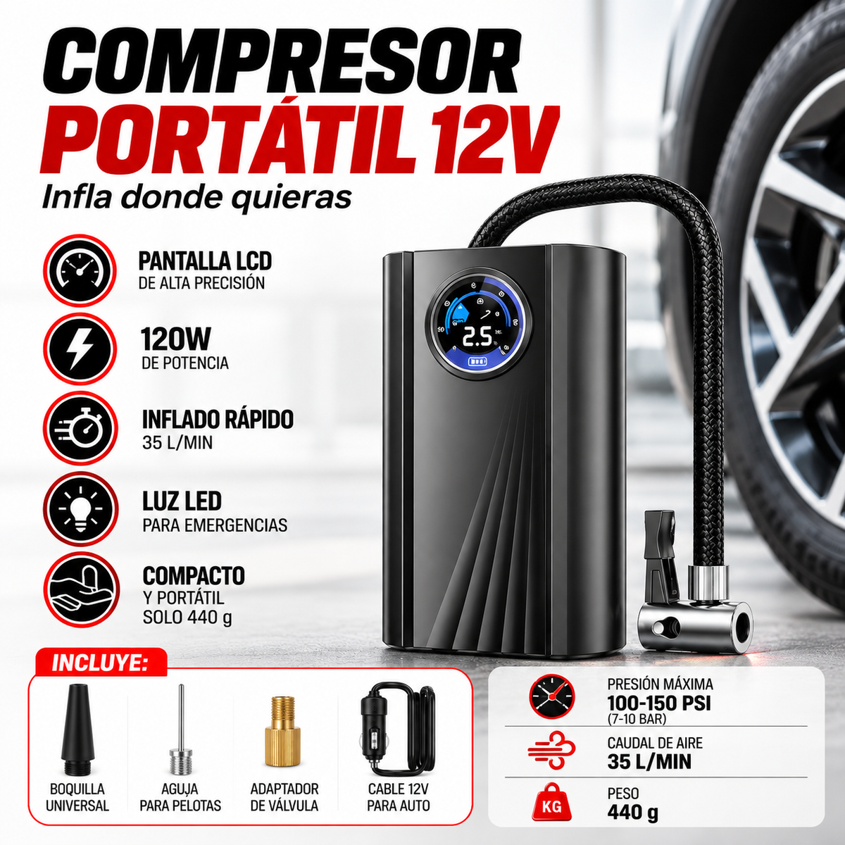 Kit de limpieza auto | Hidrolavadora Portátil | Compresor de aire | Mini aspiradora portátil