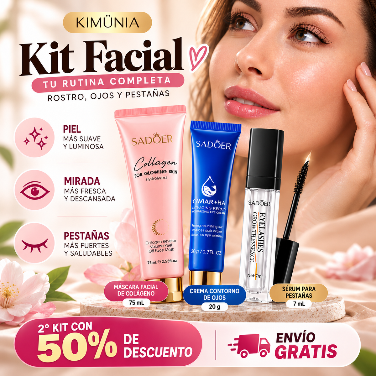 Kit Facial | Máscara de Colágeno Lakerain 75 mL | Crema de Ojos Caviar con Ácido Hialurónico Sadoer 20 g | Sérum Sadoer para Crecimiento de Pestañas 7 mL