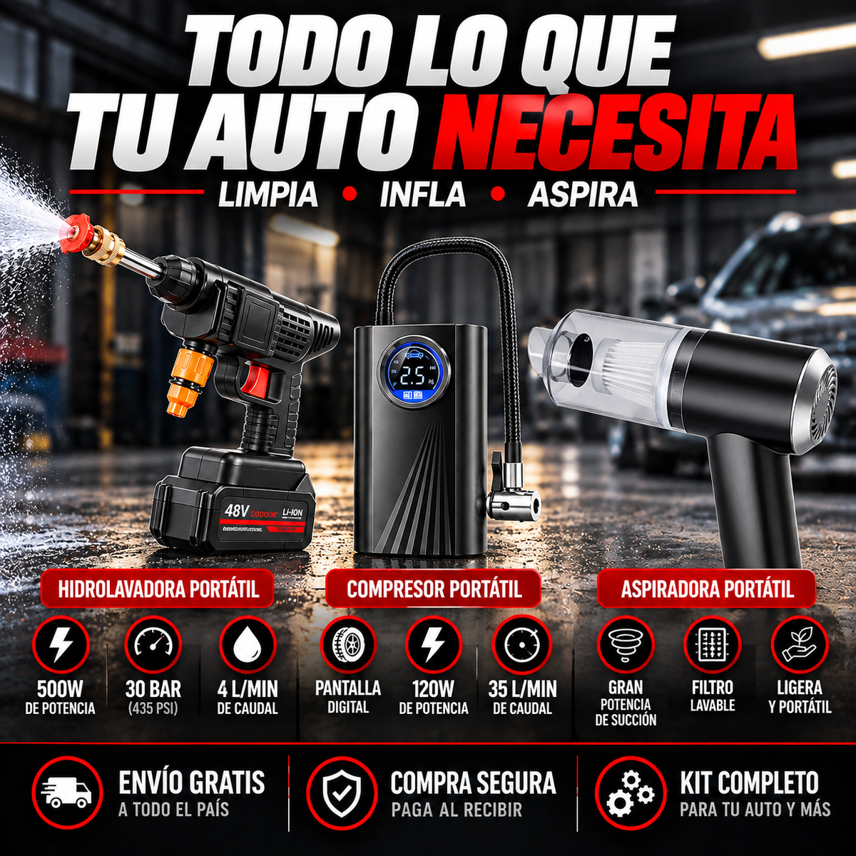 Kit de limpieza auto | Hidrolavadora Portátil | Compresor de aire | Mini aspiradora portátil